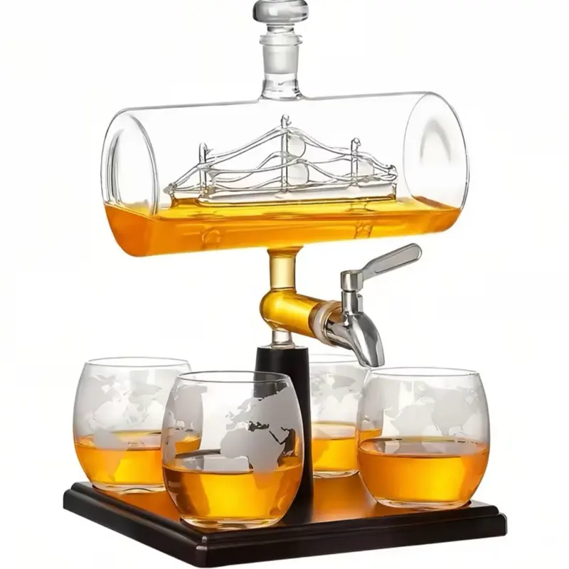 Sailboat-Shaped Whisky and Wine Decanter Set with 4 Glasses, Wooden Stand, Bar & Wine Utensils