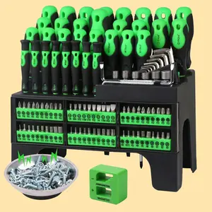 118-Piece Magnetic Screwdriver Set, including a plastic storage rack, precision screwdrivers, a magnetizer, a demagnetizer, a nut wrench, a ratchet handle, Allen wrenches, sockets, and more—essential tools for outdoor and home emergency repairs