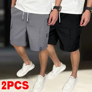 Men’s 2-pack outdoor quick-dry breathable multi-pocket work shorts with elastic waistband, solid color, lightweight, suitable for hiking and fishing