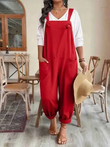 Plus Size Women's Plain Basic Sleeveless Romper Pants Overalls, Loose Casual Daily Wear Stylish Jumpsuit with Pockets, Comfortable Fitted One-Piece