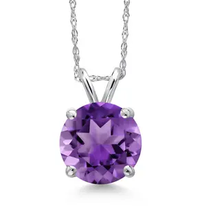 14K White Gold Purple Amethyst Pendant Necklace for Women | 2.10 Cttw | Gemstone February Birthstone | Round 9MM | With 18 Inch Chain