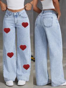 women's heart pattern pocket denim jeans, fashion casual comfy baggy trousers for daily outdoor wear, ladies bottoms for summer, pants, womenswear
