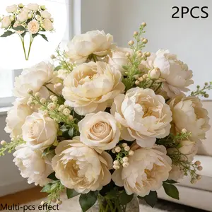 2pcs Champagne-Colored Artificial Peony Bouquet | Realistic Touch, Lifelike Blooms, Fade-Resistant, Maintenance-Free | Ideal for Indoor/Outdoor Home Decor, Wedding Arrangements, Bridal Bouquets, Engagement Ceremonies, Party Events | Perfect for