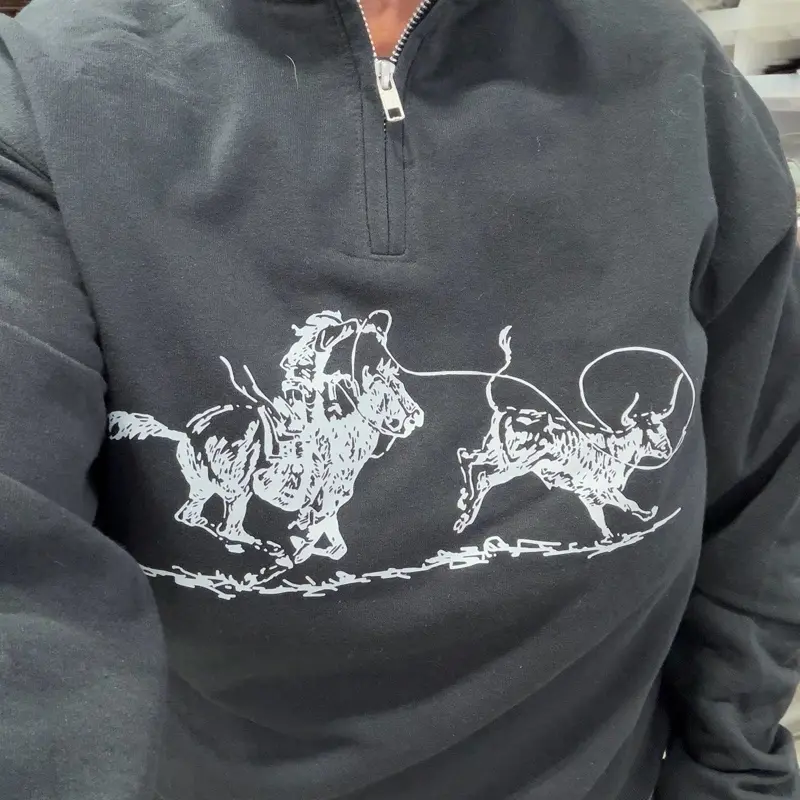 Rope & Ride Sweatshirt - Western Style Loose-Fitting 3/4 zip sweatshirt for Women & Men - Black 50% Poly 50% Cotton - DTF Print for 50-100 Washes - Unisex Fit