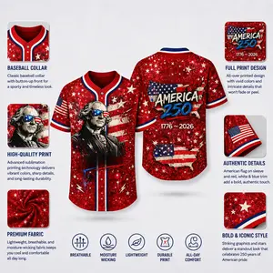America 250 Baseball Jersey – Patriotic George Washington Graphic Button-Up Shirt for Men