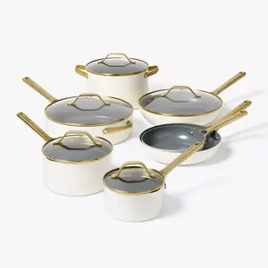 12pc Nonstick Ceramic Coated Aluminum Cookware Set with Champagne Handle - Figmint