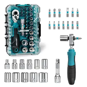 LIBRATON 26PCS 1/4" Drive Mini Socket & Ratchet Wrench Set with Bits, 4-14mm Metric Shallow Sockets, Mini Ratchet Set, Screwdriver Bit Set, Extension Bar, with Storage Case for DIY, Auto Repair