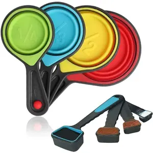 Collapsible Measuring Cups and Spoons Portable Food Grade Silicone for Liquid & Dry Measuring 8 Piece Set Kitchen Measuring Tool