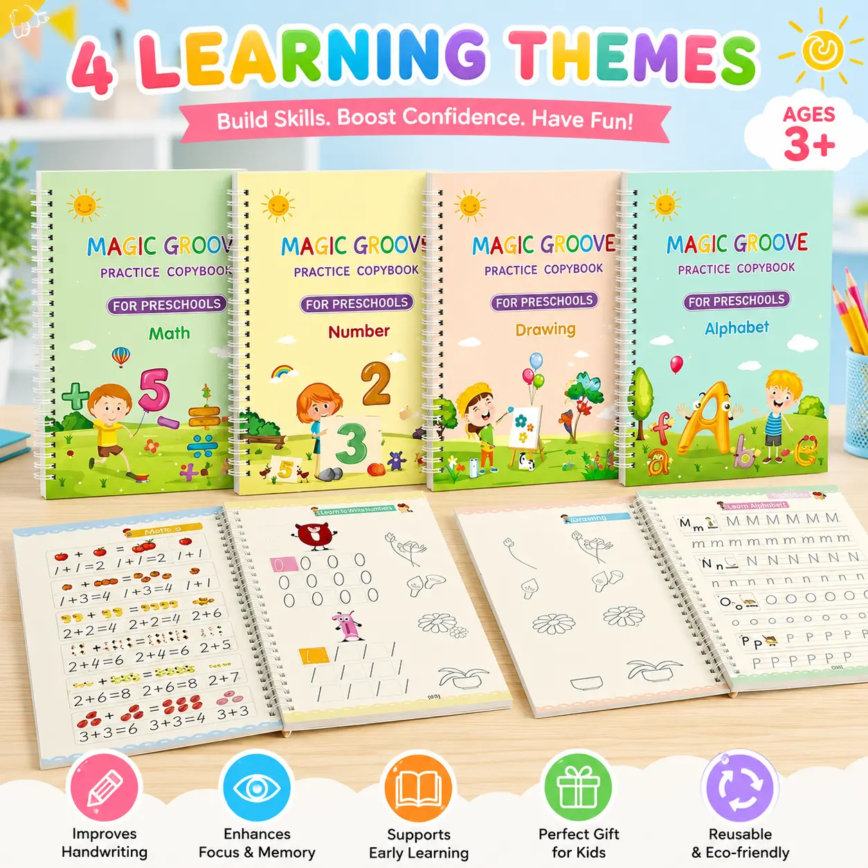 4 Pcs Magic Grooved Practice Copybook, Reusable Writing Magic Book, Grooved Handwriting Workbooks, Large Practice Scribe Book Set for Kids Preschool Calligraphy Learning Number Letter Math Drawing Tracing Books kid