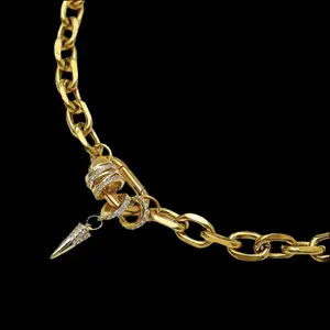 Chunky Charm Necklace - Zircon Accented Non Tarnish Stainless Steel Oval Link Spring Clasp Full Zircon Charms Choker Necklace