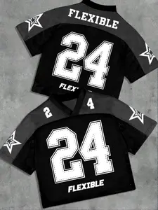 Men's Casual V-Neck Mesh Rugby Jersey, 24 Number Flexible Letter & Star Print, Short Sleeve, Breathable Fabric, Vintage Street Style