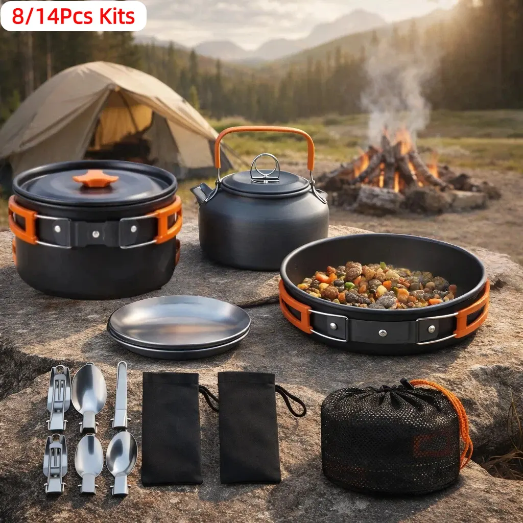8/14Pcs Portable Non-Stick Aluminum Camping Cookware Mess Kit - Foldable Handles, Nylon Mesh Bag, Kettle, Pot, Frying Pan, Plates, Forks, Knives, Spoons - All-in-1 Compact Package for Backpacking, Hiking Outdoor Use