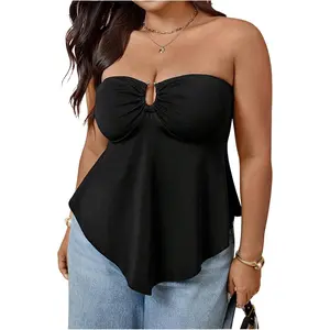OYOANGLE Women's Plus Size Strapless Peplum Top Ring Linked Sleeveless Ruffle Tube Top