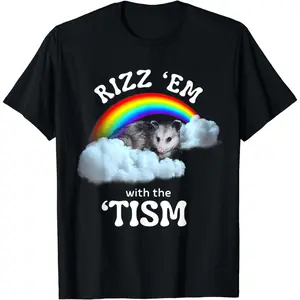Unisex T-Shirt with "Rizz 'em with the 'tism" Opossum Graphic, Funny 100% Cotton Casual Round Neck Short Sleeve Top, Casual Clothing