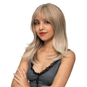 15-Inch Blended Straw Gold Blonde Ombre (Gold Blonde Roots) Barely Wavy Cut w/ Flicked Ends Synthetic Wig | 【Heat Resistant】【Cap Included】 | #62 FSGA