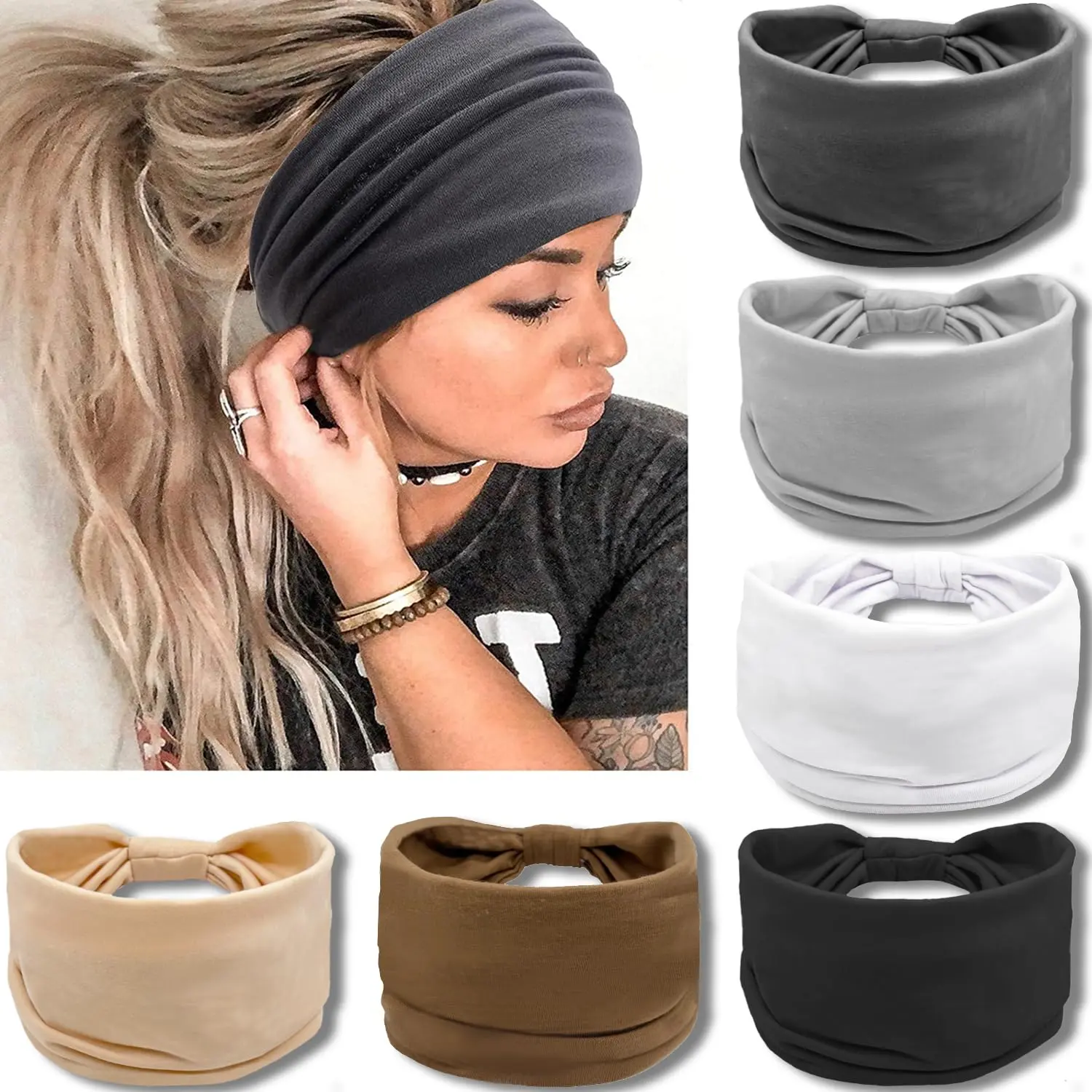 AISI HAIR Women's Wide Elastic Solid Color Headbands - 6 Pack Classic Bandana Headwraps, Large African Knotted Turban Hair Accessories for Females, Elastic Headbands, Solid Color Headband