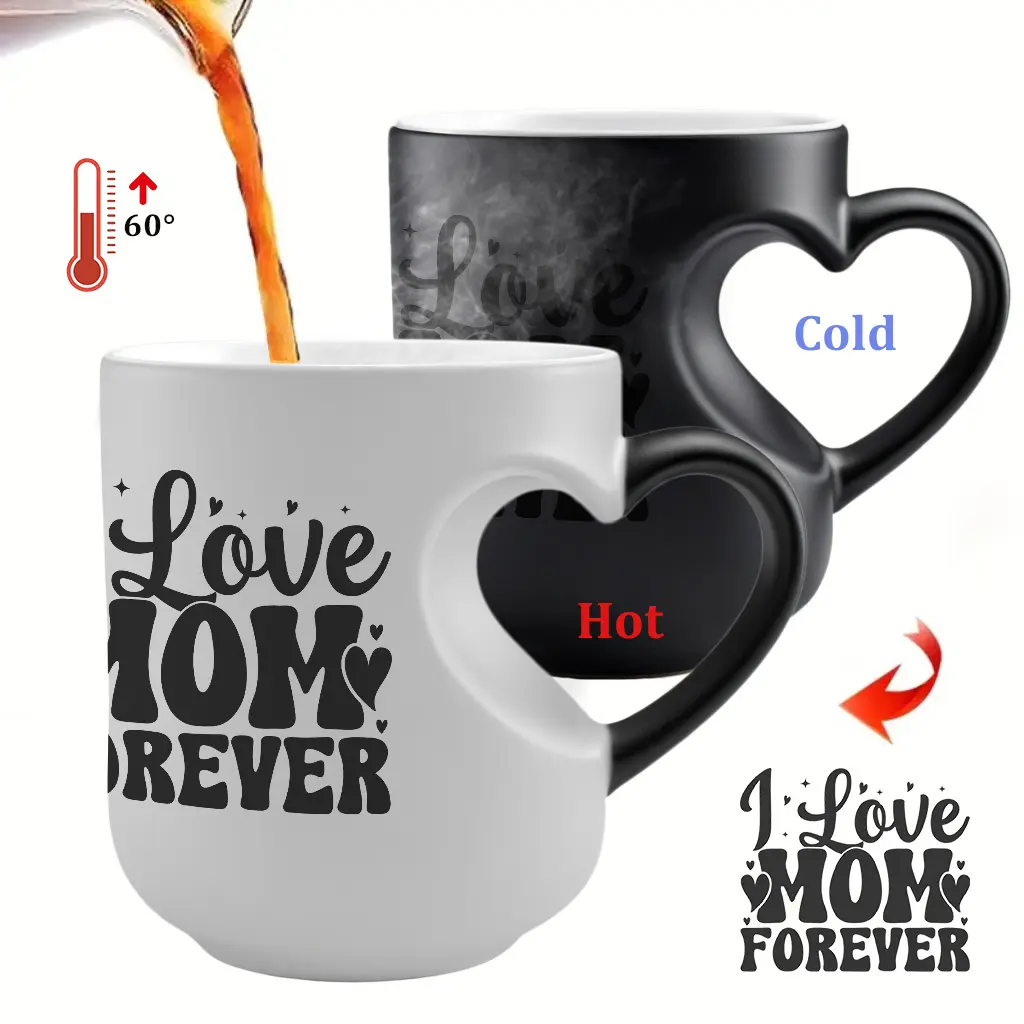 1pc I Love Mom Forever Heart-Shaped Handle - Text Design Coffee Mug - Color Changing Magic Cup with Black Hearts, Ceramic Heat Sensitive Coffee Cup for Hot/Cold Drinks, Reusable Gift for Mother’s Day, Christmas, Valentine’s Day, Ceramic Mugs