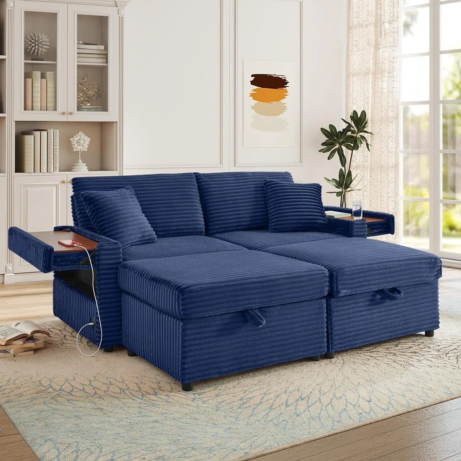 Modern Fluffy Corduroy Loveseat Sofa for Adults - 2 Storage Ottomans, Dual Hidden Armrest Tables, USB Port, Soft Rectangle Chaise Lounge, Oversized Couch for Apartment, Bedroom, Assembly Required