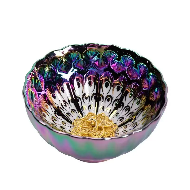 LIN XIN Ceramic Peacock Feather Jianzhan Tea Cup - Rare "Golden Lotus" Kiln-Transformation, Collector's Grade Vintage, Chinese Intangible Cultural Heritage with Golden Dragon, Ceramic Clay Craftsmanship, Unique Artistry, Yes for Adults' Tea Drinking