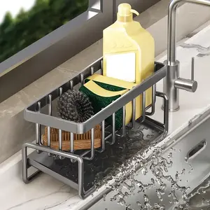 Kitchen Sink Drain Rack with Towel PoleSponge Holder Kitchen Sink Caddy Organizer, 304 Stainless Steel Kitchen Soap Dispenser Caddy Organizer with Auto Drain Tray, Sink Rack for Kitchen & Bathroom Holding Sponge and Towel Hanging Shelf