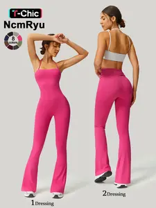 Women's Strapless Suspenders Flared Trousers Fitness Training Tights Sleeveless Yoga Trousers Peach Hip Sports Leggings Sexy Yoga Bodysuit Abdomen Tucking Fitness Quick Drying Outdoor Workout Suit Backless Sports Jumpsuit