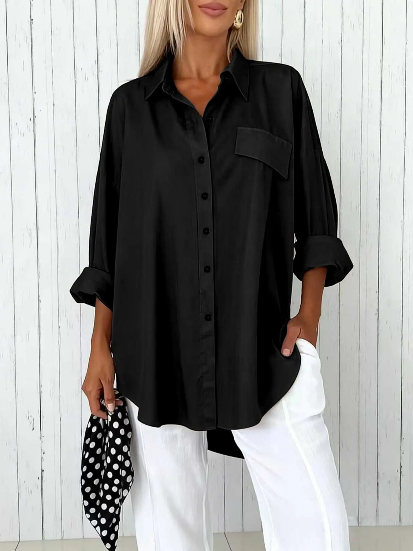 Fashion Curve Plus Size Solid Color Oversized Button-Down Collared Shirt，Casual Fashion Chic Loose-Fit Long-Sleeve Pocket Blouse, Trendy Street Style Outfit, Office Layering Top, Womenswear, Casual Everyday Tops, Casual Daily Tops