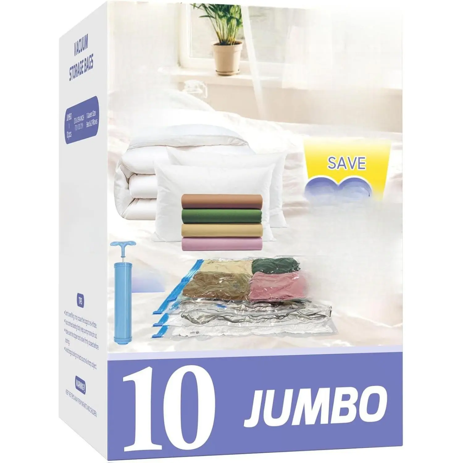 [New Deal] - 10 Pack Jumbo Vacuum Storage Bags with Hand Pump, 80% Storage Space Saving, Sturdy Leak-Free Space Saver Vacuum Seal Bags for Clothing, Vacuum Compression Bags for Travel Lugggage Blankets Comforters