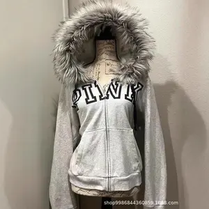 Hip Hop Fuzzy Hoodie with Fleece Lining, Gray Zip-Up Sweatshirt Jacket, Casual Streetwear Pullover