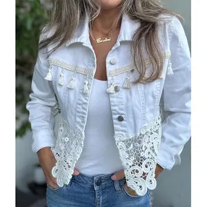 Women's Fashionable Lace-trimmed Short Denim Jacket, With Lace Craftsmanship and Tassel Pendants, Casual White Denim Top, Suitable for Spring and Autumn.