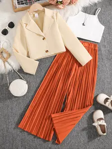 3pcs Girls' Casual Blazer Set, Open Front Cardigan + Cami Top + Pleated Pants, Spring Fall Winter, Ages 8-12Y, Outdoor Party Gift, Clothes Kids