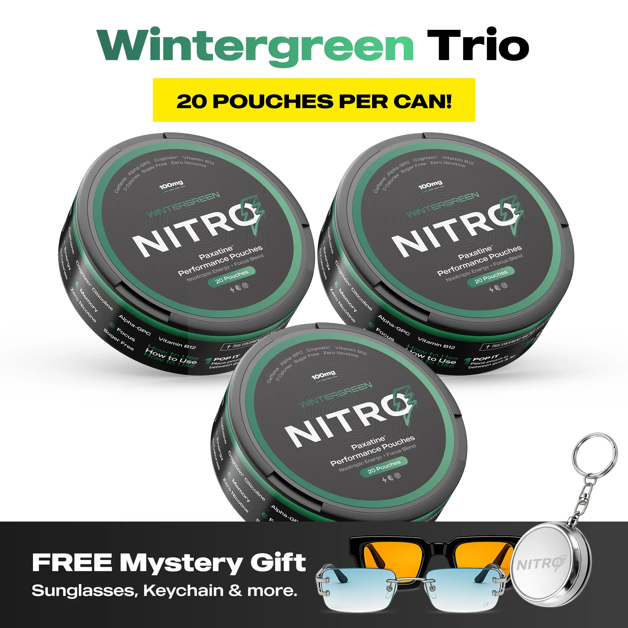 Nitro Nootropic Energy Pouches - Energy + Focus Pouches - 100mg Caffeine, Alpha GPC, Cognizin Citicoline, L-Theanine, Vitamin B12 - No Sugar, Nicotine-Free - 20 Pouches Per Can - 3 Pack - Wintergreen