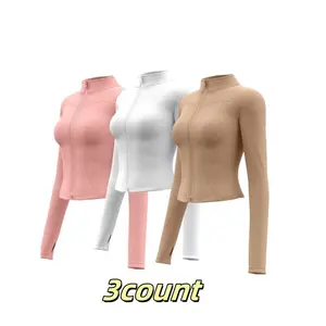 Women's Solid Thumb Hole Zip Up Sports Jacket, Long Sleeve Stand Collar Zip Front Outerwear for Gym Workout Running, Ladies Sportswear for All Seasons