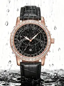 Men's Quartz Watch Full Star Business Fashion Modern Fashionable Wristwatch Calendar Waterproof Night Glow Leather Strap Stone Quartz Watch