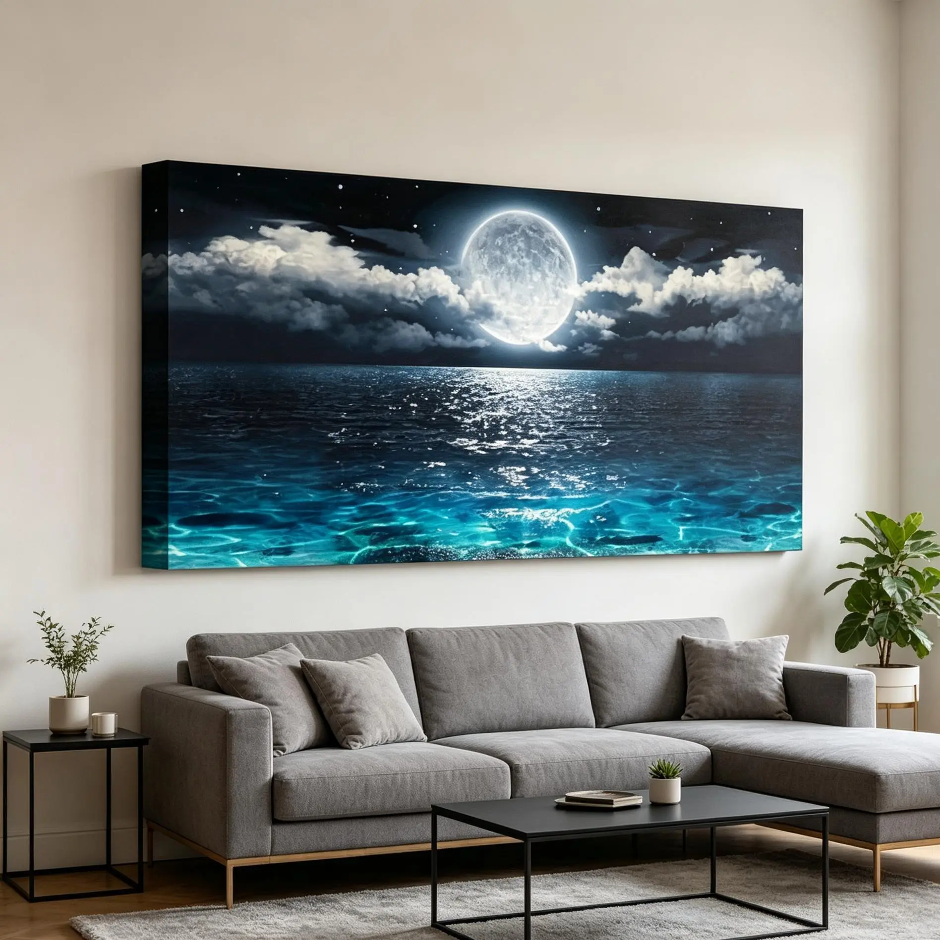 Wall Art Moon Sea Ocean Landscape Picture Canvas Wall Art Print Paintings Modern Artwork for Living Room Wall Decor and Home Décor Framed Ready to Hang,Waterproof Artwork, Night Sky Moonlight Seascape Decor, Calm Blue Coastal Aesthetic Print