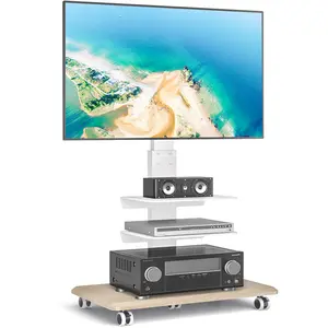 Rfiver Rolling Floor TV Stand with Swivel Mount for 40-75 Inch Flat Screen/Curved TVs, 3-Shelf Heavy Duty Portable Mobile TV Cart with Wheels, Universal Tall TV Mount Trolley for Home and Office, White