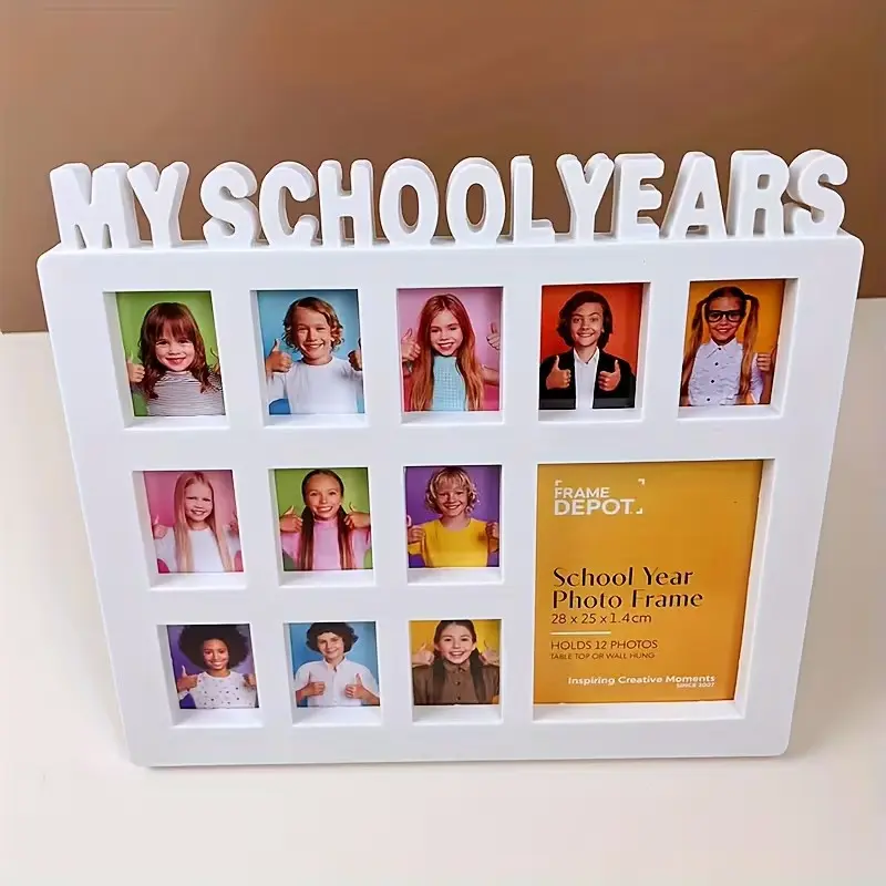 Bohemian Rustic My School Years Photo Frame, Square Frame, Collage Picture Frames, 3D Wall Decor, PVC Multi-Picture Display, Space for 12 Photos, Perfect for Home & Nursery
