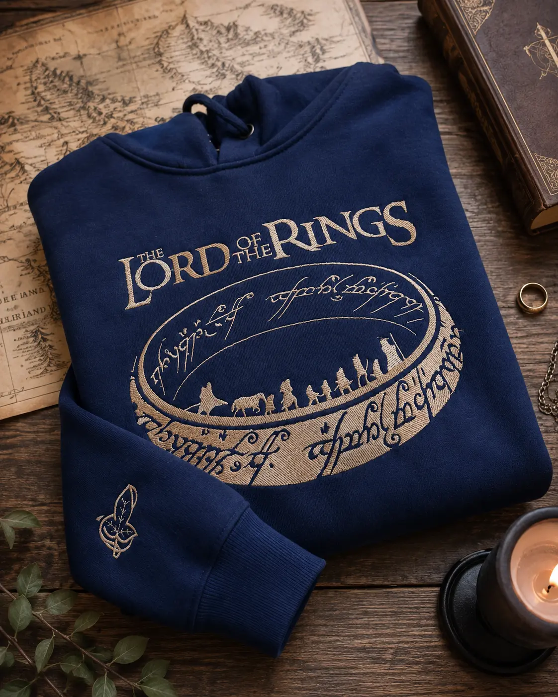 The Lord of the Rings Embroidered Hoodie, One Ring Fellowship Elvish Script Sweatshirt, Fantasy Bookish Merch Gift, Cozy Vintage Pullover for Men Women