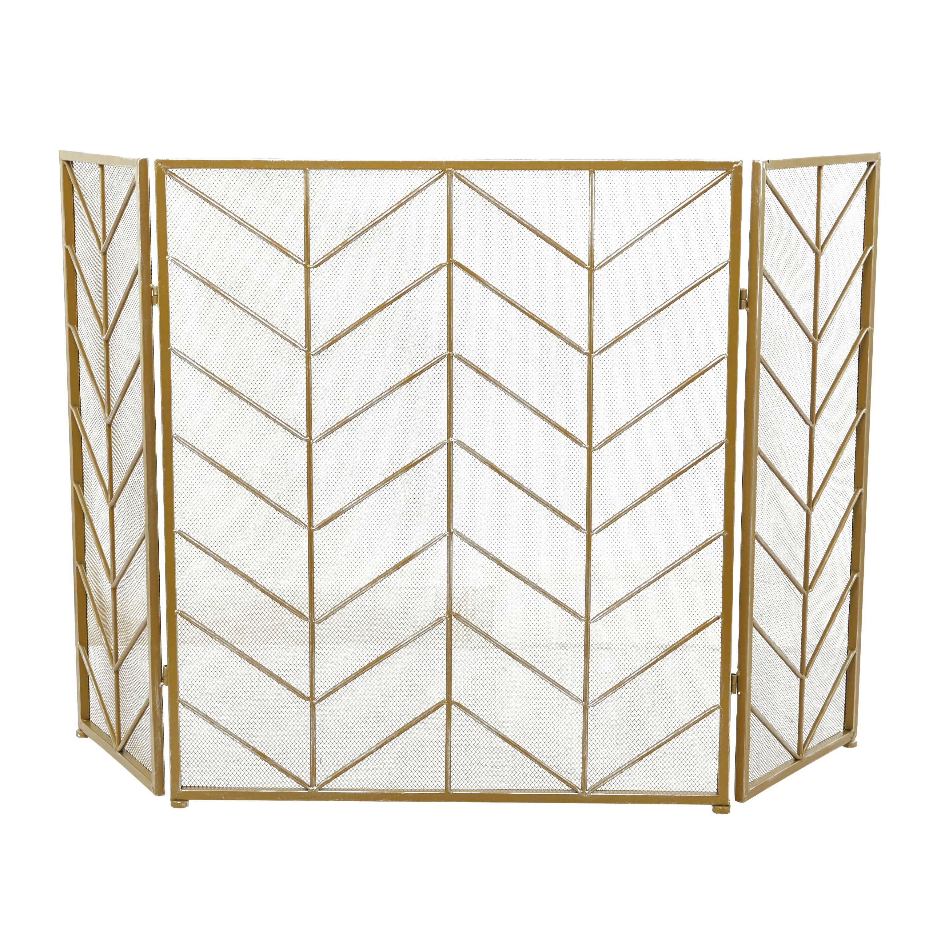 Minimalist Rectangular Geometric Metal 3-Panel Foldable Mesh Netting Living Room Fireplace Screen, Chevron Pattern, Round Ft, Blocks Popping Embers, Single Unit