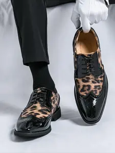 Men's Fashionable Leopard Print Patched Design Dress Shoes, Casual Lace Up Pointed Toe Shoes for Party, Business Formal Shoes for Men, Rubber