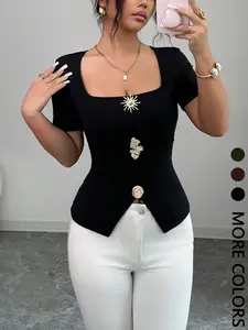 Women's Square Neck Slim Fit Casual Top, Metal Button Split Hem Short Sleeve Blouse