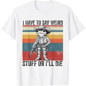 Women's humorous and quirky frog character dressed as a cowboy, expressing a need to say weird things Graphic T-Shirt - Short Sleeve Crew Neck Regular Fit Casual Wear