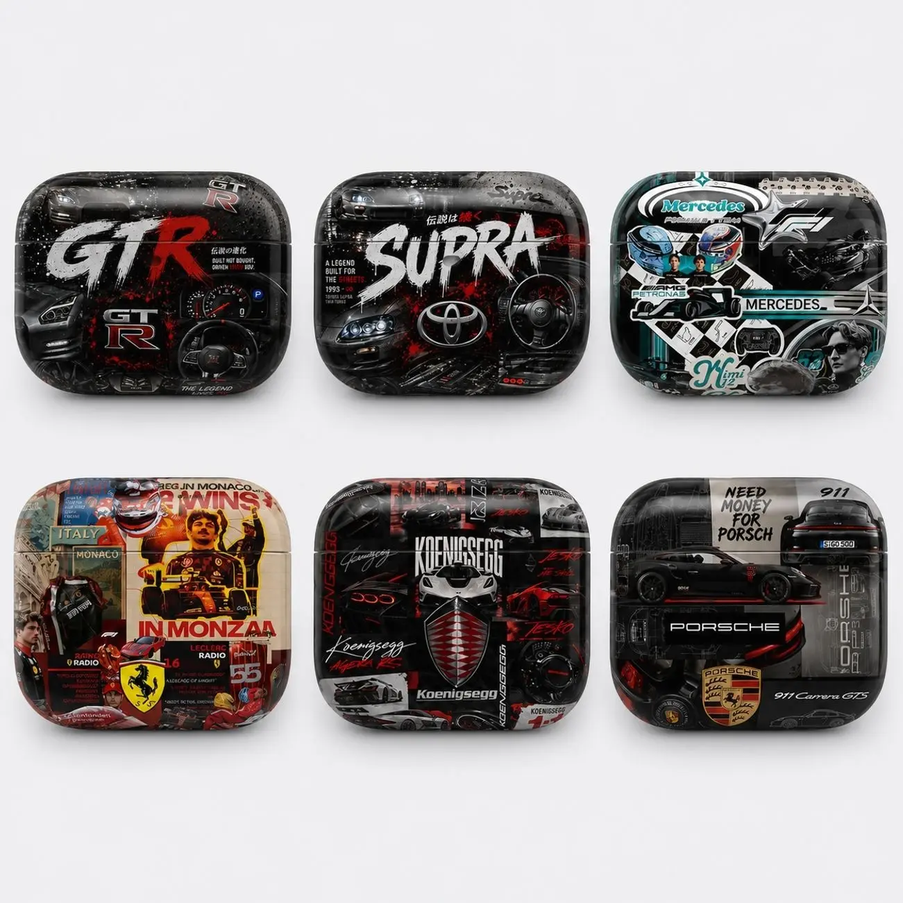 Racing Car Collage AirPods Case, JDM Supercar Graphic Earbuds Cover for AirPods 1 2 3 4 & Pro 1 2 3, Auto Motorsport Gift for Car Lovers
