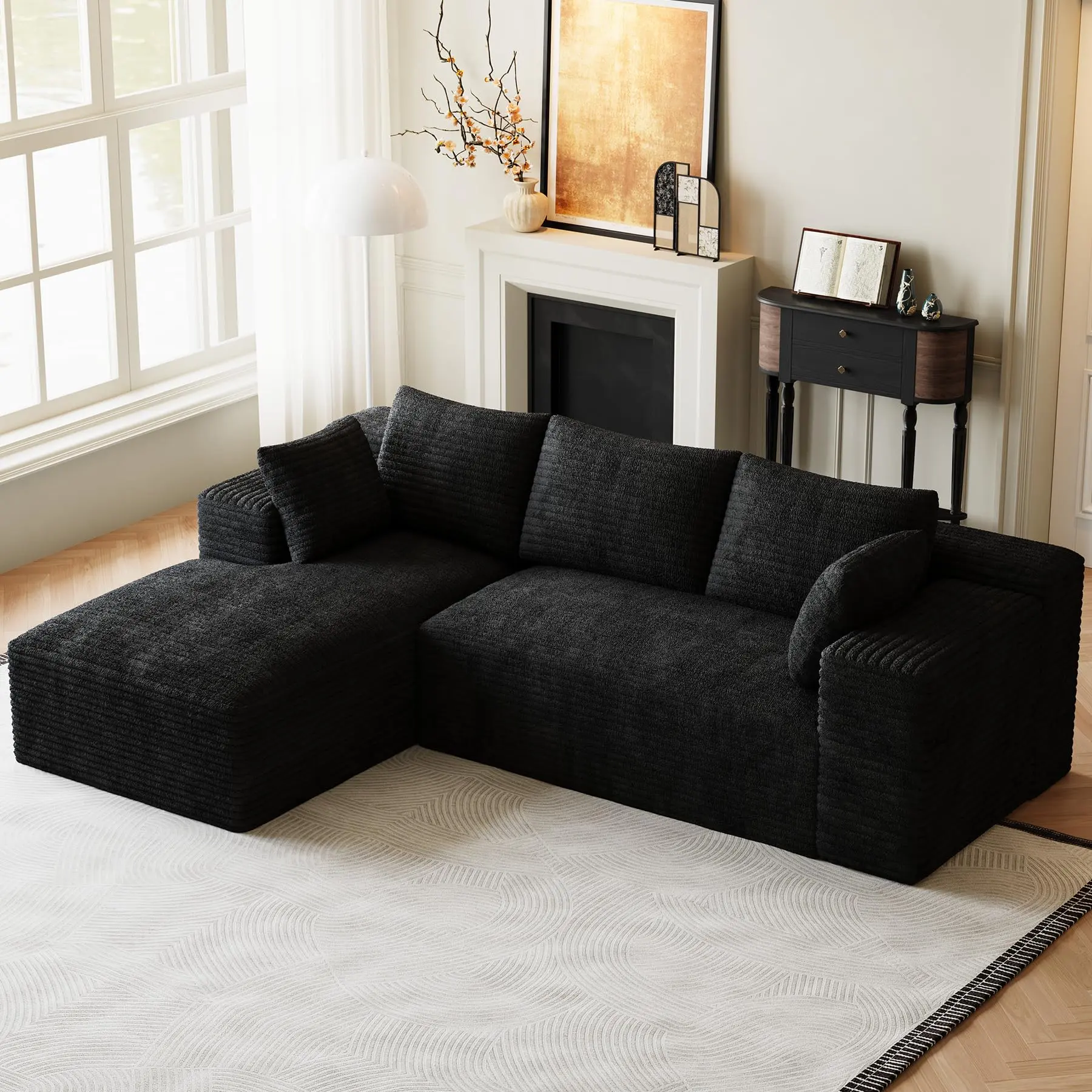 96" Left-Facing L-Shaped Minimalist Cloud Sectional Sofa with Chaise Lounge, Plush Black Corduroy Boneless Couch, Vertical Tool-Free Modular Compressed Indoor Furniture for Sofas Living Room