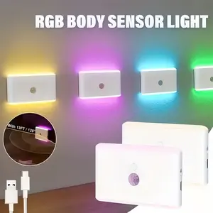 USB Rechargeable LED Motion Sensor Light, Ultra-Thin Infrared Induction Lamp, RGB Night Lighting, Lighting Modes Adjustable, Wall Mounted, Ideal for Hallway, Closet, Kitchen