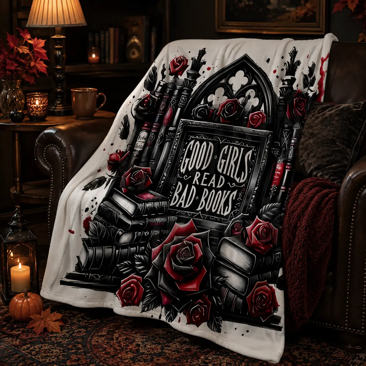 Gothic Dark Academia Red Rose Vintage Book Quote Flannel Throw Blanket, Lightweight Soft Fuzzy Plush Blanket for Couch Bed Sofa, All Season Cozy, Chic Gift for Book Lovers, Witchy Dark Gothic Floral Art Bedroom Living Room Home Decor