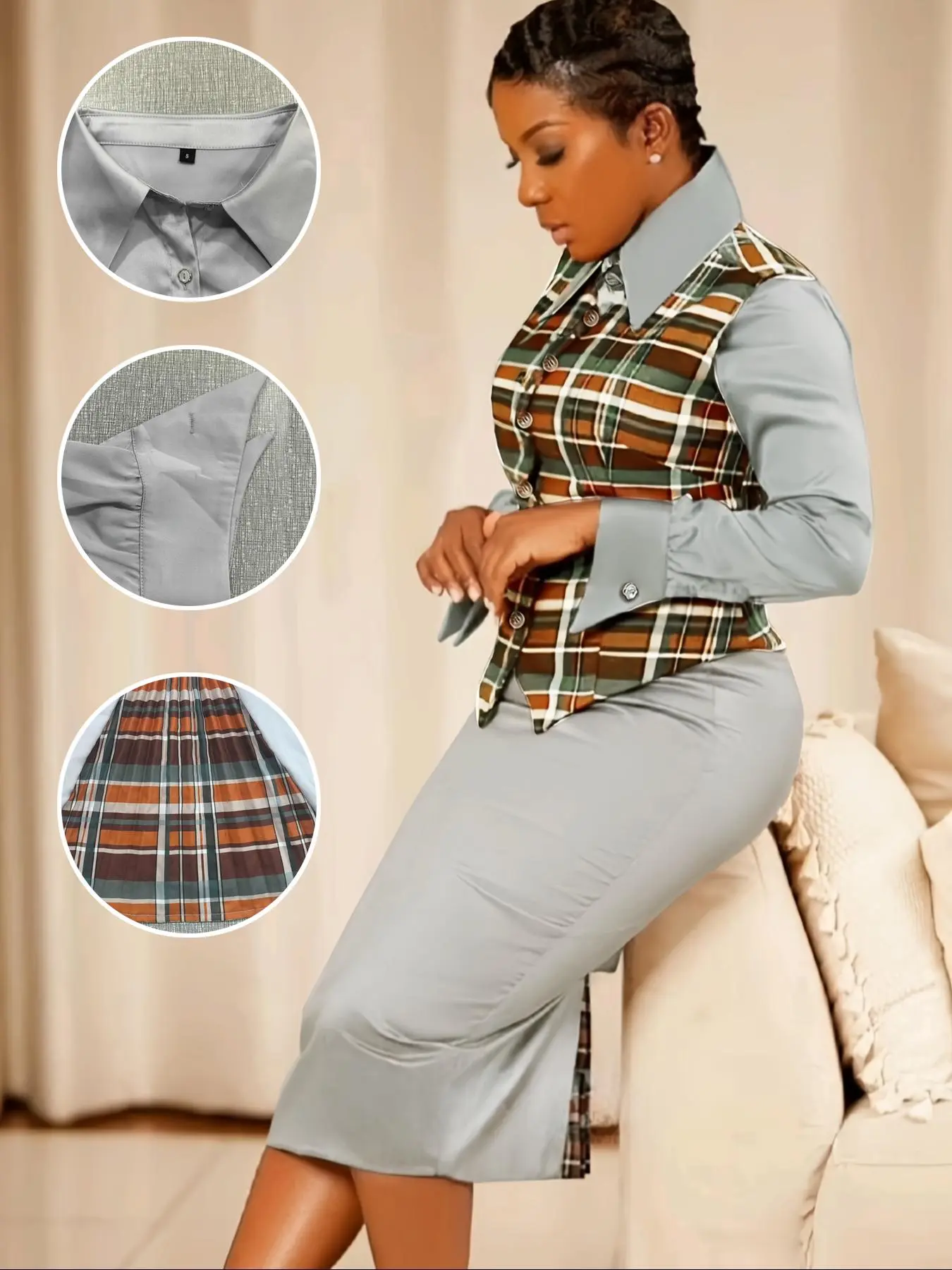 Two-Piece Professional Uniform Set, Stylish Plaid Vest and Fitted Dress, Perfect for Work and Commuting, Workwear, Womenswear