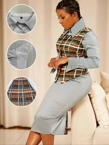 Two-Piece Professional Uniform Set, Stylish Plaid Vest and Fitted Dress, Perfect for Work and Commuting, Workwear, Womenswear