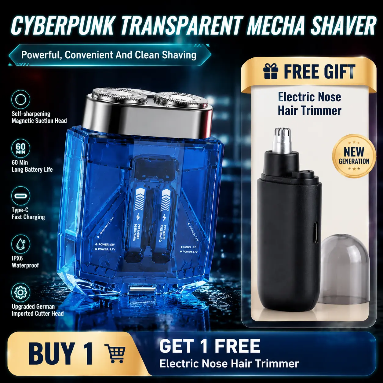 Transparent Mecha Shaver – Dual Blades, Waterproof, USB-C Fast Charge, Portable Shaver