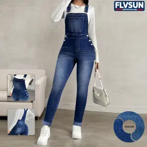 FLVSUN Women's Denim Suspender Trousers Washed Blue Fitted Straight Leg Overalls with Adjustable Straps & Front Bib Pocket for Casual Daily Wear