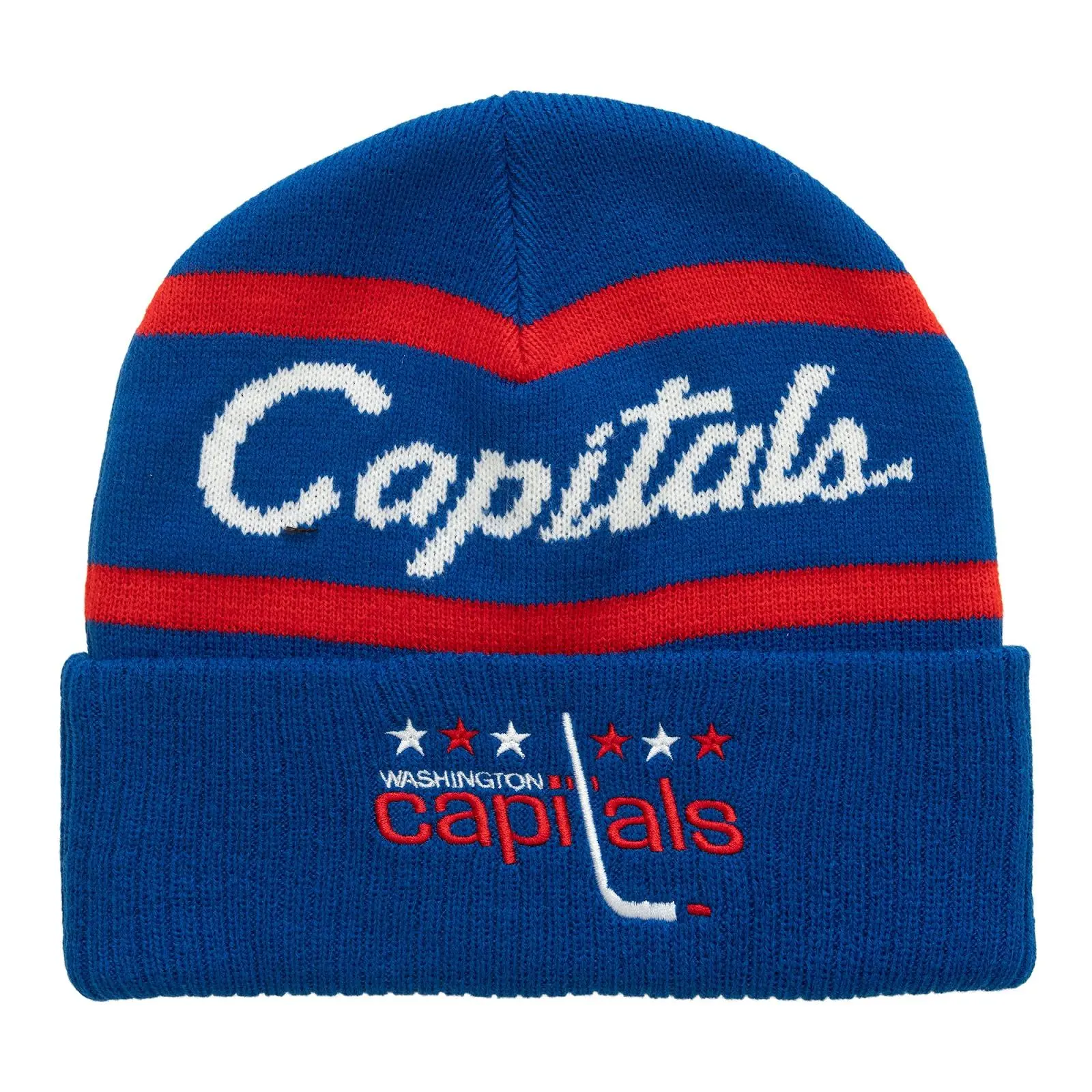 Mitchell & Ness Washington Capitals Blue Vintage Cuffed Knit Hat - NHL Throwback, Acrylic Knit, Capitals Logo, Adjustable Fan Gear, Casual Wear, Hand Wash Only Hats